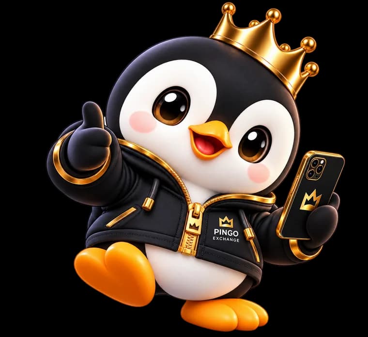 PINGO, a penguin in a gold crown and black hoodie, holding a phone